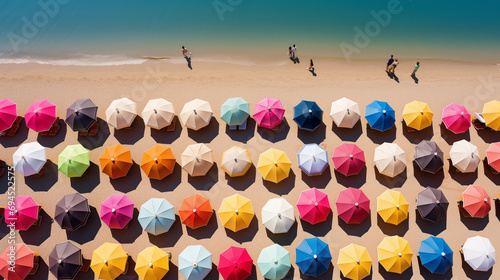 aerial shot of beach full of umbrellas summer vibes