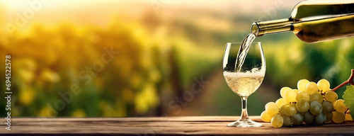 White Wine Tasting in a Vineyard at Sunset. Pouring an alcoholic drink into a glass against sunlit nature background. Panorama with copy space.