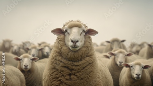 a herd of sheep standing next to each other on top of a grass covered field in front of a foggy sky.