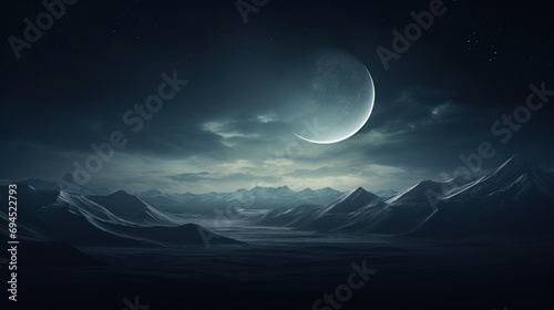  an alien landscape with a moon in the sky and mountains in the foreground  and a distant planet in the distance.