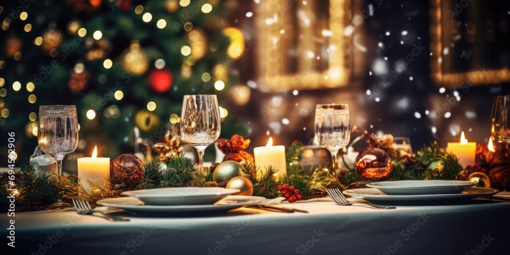 Festively adorned holiday table near the tree, with candles and glasses.