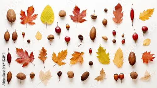  a collection of autumn leaves and acorns laid out on a white surface with one falling off the leaf.