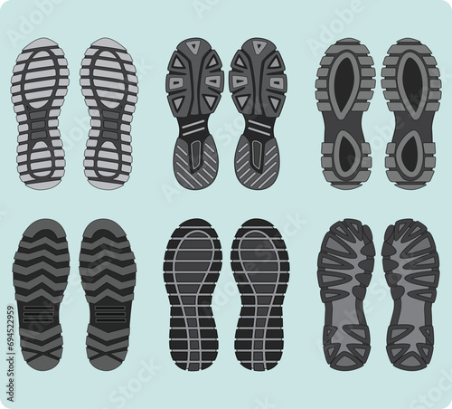 Shoe sole design pattern vector for footwear, Sneaker, Boots, sandals, chukkas, sliders, slippers and flip flop. Shoe mould footprint silhouettes for running shoe, hiking boots and tracking shoes.