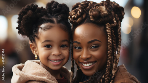 Happy african american mother and daughter with braids hugging and smiling at the camera. Happy family concept photo