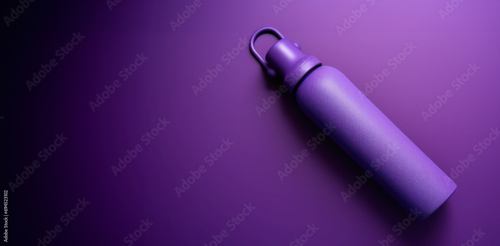 Accessories for training, a stylish coiled purple yoga mat and bottle. Accessories for training, a stylish coiled purple yoga mat and bottle.