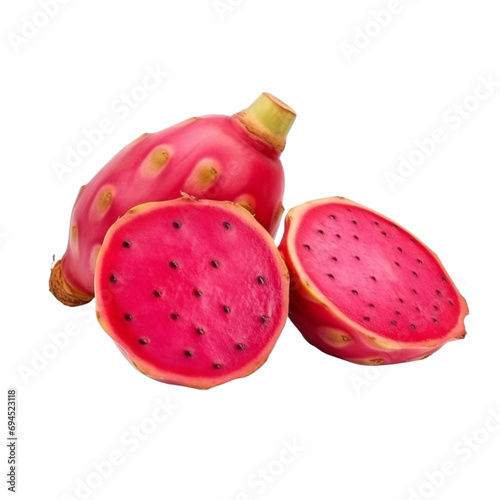 fresh organic prickly pear cut in half sliced with leaves isolated on white background with clipping path photo