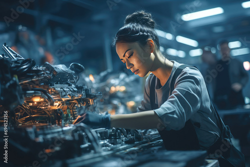 A woman is working on an engine component photo