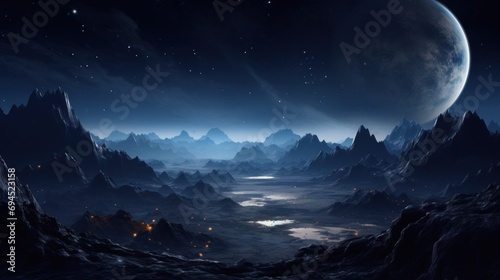  an alien landscape with mountains and a river in the foreground and a moon in the sky in the background.