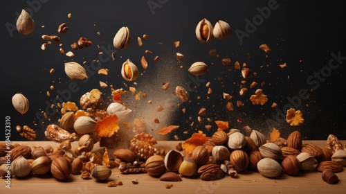  a pile of nuts and nutshells falling into a pile on a wooden table against a black background with space for text.