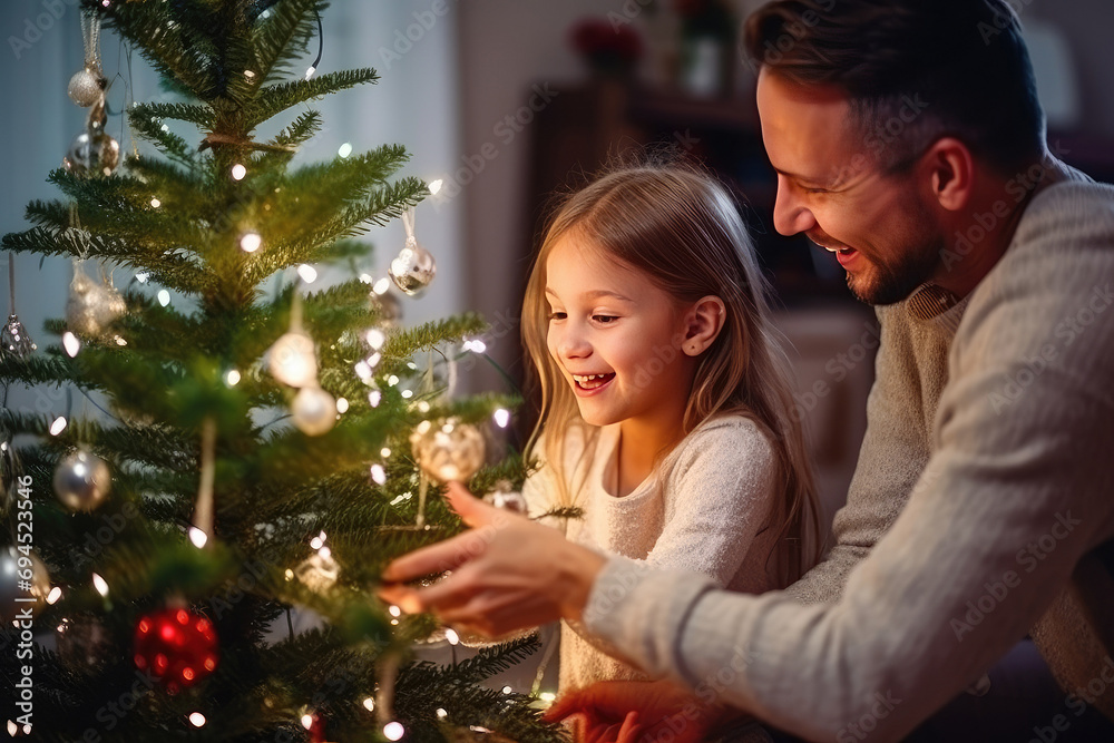 Young father and daughter waiting for Christmas and New Year Young father and daughter waiting for Christmas and New Year