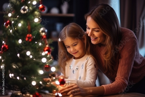 Young mother and daughter near Christmas tree