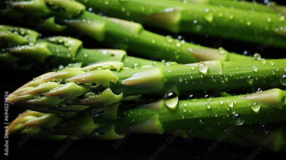 a close up of a bunch of asparagus with drops of water on the leaves and on the stems. a close up of a bunch of asparagus with drops of water on the leaves and on the stems.