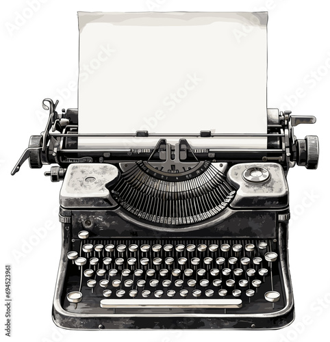 Vintage typewriter with blank paper sheet sketch. Ancient technical messages printing writer machine isolated black drawing on white background photo