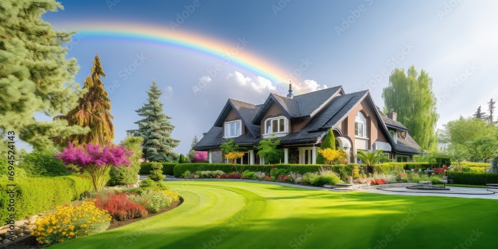 Real estate investment: a colorful landscape with a beautiful house and rainbow, a view of nature, and luxury.