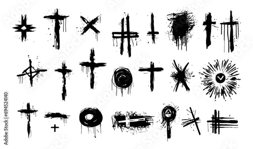 Black grunge elements, brush crosses, spots and signs. Decorative dirty collection, punk rock, heavy metal decor vector clipart