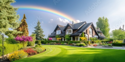 Real estate investment  a colorful landscape with a beautiful house and rainbow  a view of nature  and luxury.