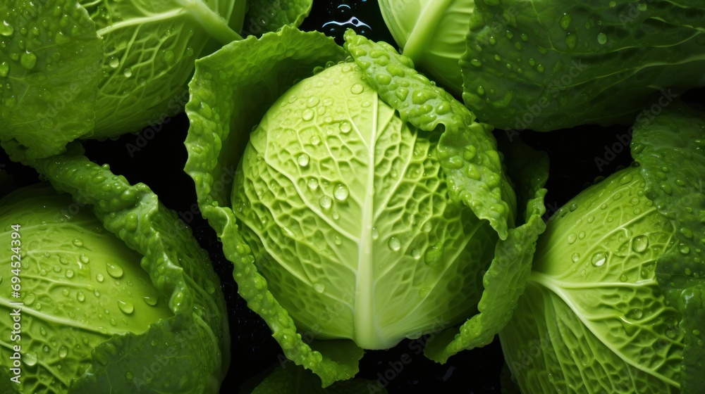 Fototapeta premium a group of green lettuce with drops of water on the tops of them and on top of each other.