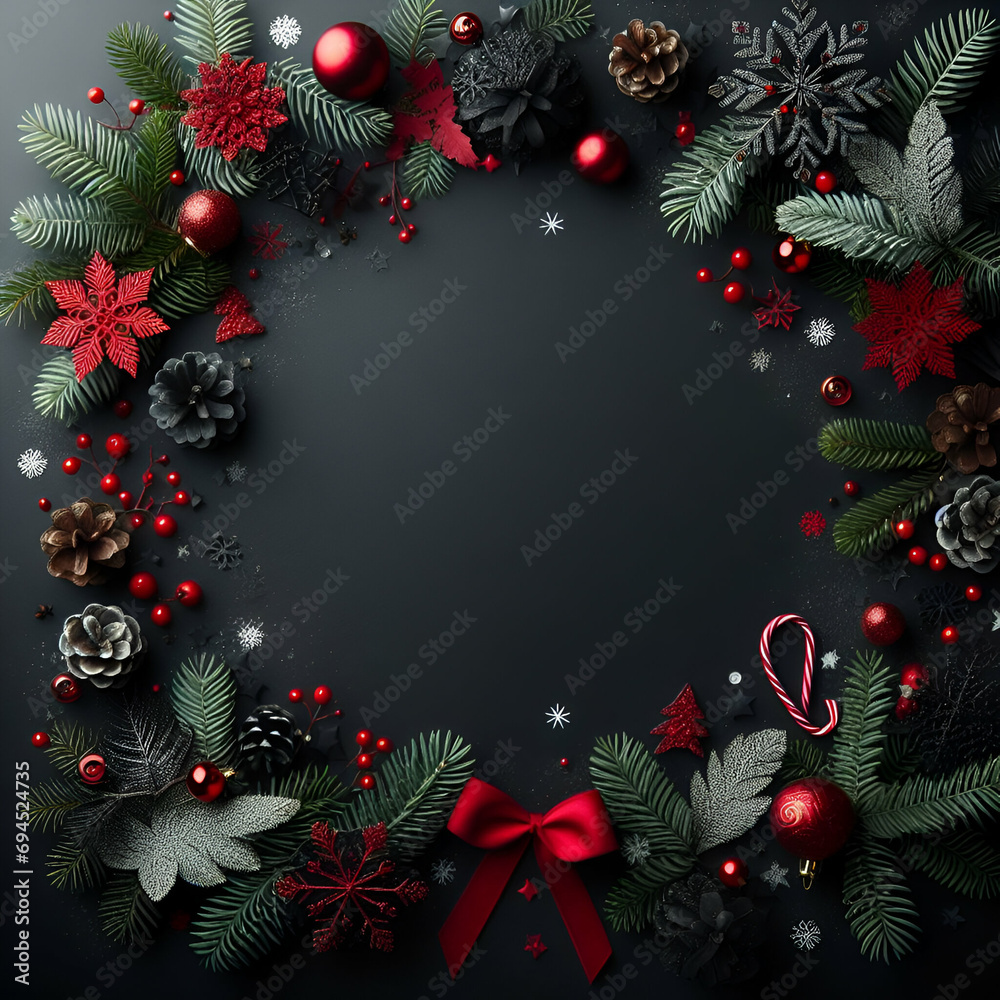 christmas background with holly berries on black background 