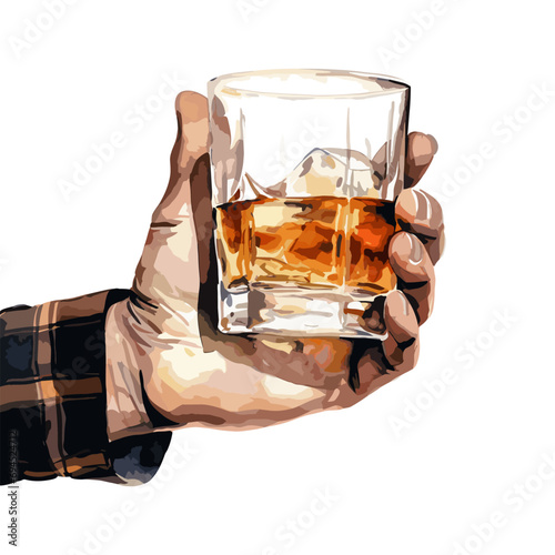 Man holding glass of whiskey. Alcoholic drink with ice in male hand, cheers, party or friday resting and relax. Watercolor bar style vector element