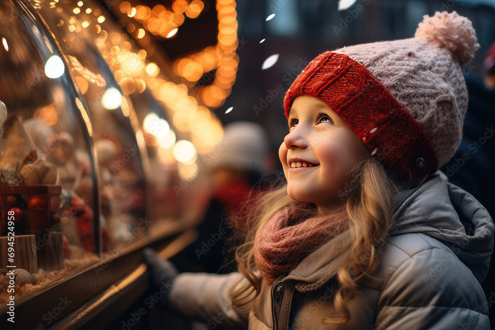 Naklejka premium Children window shopping on traditional Christmas market