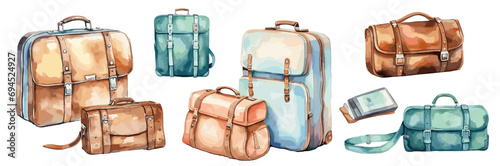 Retro luggage bag watercolor design. Leather bags, suitcases luxury vintage design. Isolated fashion travel accessories, vector clipart