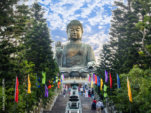 Hong Kong - October 30, 2014 : Tian Tan Buddha Statue Po Lin Monastery, Lantau Island, Ngong Ping Village, scenery on heaven Big buddha, religion sacred landmark of tourists and buddhists tourism. photo