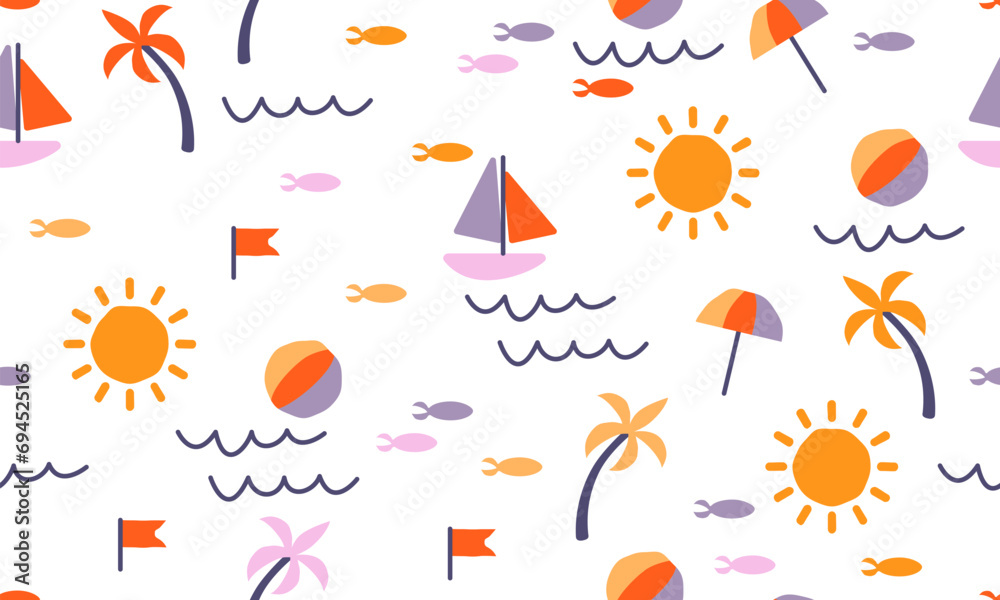 Seamless pattern with sun, beach ball, beach umbrella, fish, sea yacht, palm tree. Summer background for your design