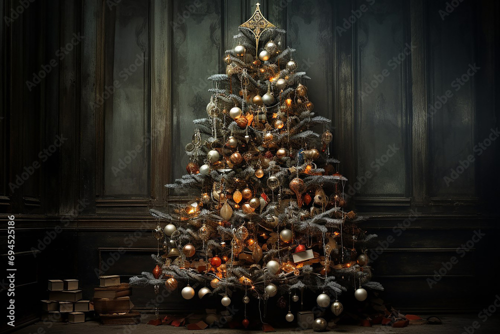 Decorated Christmas tree against a dark wall