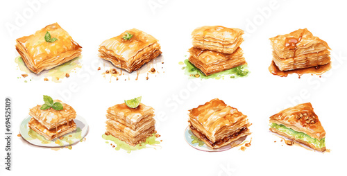 Sweet baklava watercolor elements. Oriental dessert, greek bulgarian turkish cuisine. Pastry with pistachio and honey syrup, vector collection