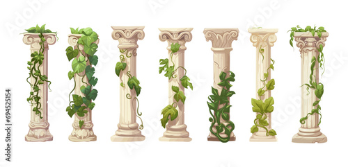 White classic columns, romanian greek anciens column with green plants. Stone old architecture cartoon elements, isolated vector set