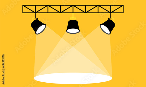 Vector stage with set of yellow spotlights. Show light. Empty pedestal for award ceremony or presentation. Spotlight vector background. Spotlight