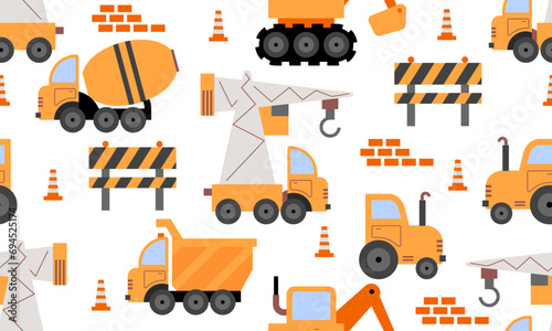 Seamless pattern. Vehicle construction and equipment used in construction. Different types of construction trucks. Special equipment. Road repair