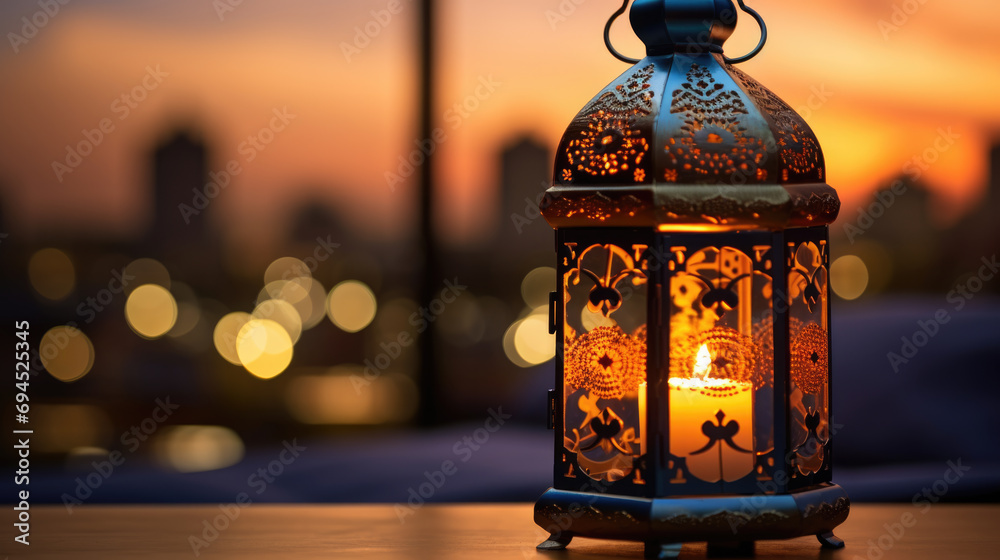 Traditional ornate lantern with a lit candle inside is placed on a wooden surface against the blurred backdrop. Ramadan celebration. Traditional ornate lantern with a lit candle inside is placed on a wooden surface against the blurred backdrop. Ramadan celebration.
