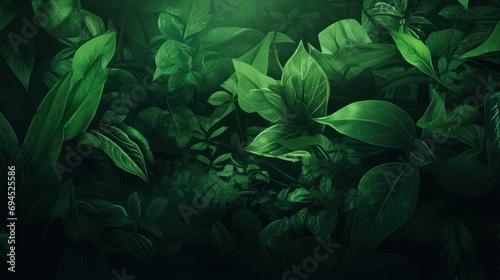  a painting of green leaves on a dark green background with a light at the end of the picture and a green light at the end of the picture.