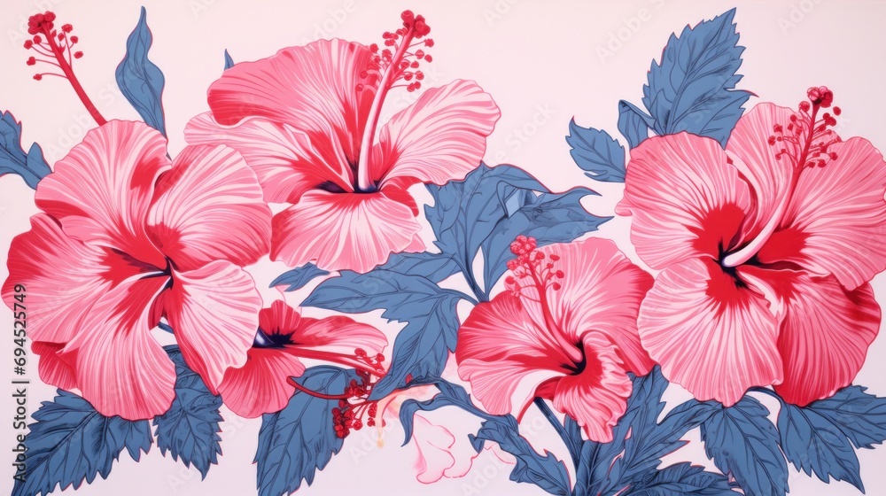  a painting of pink and blue flowers on a white background with red and blue leaves on the bottom of the flowers.