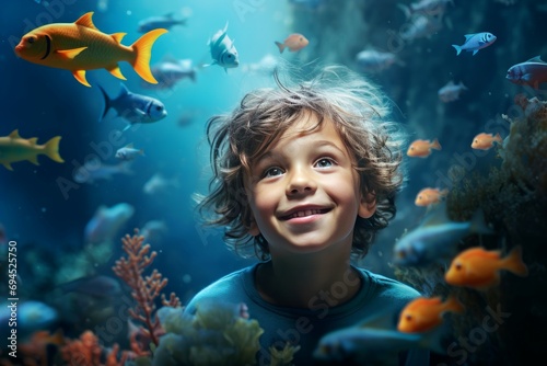 Aquatic Boy undersea world. Water snorkel. Generate AI
