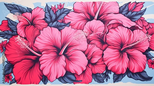  a painting of a bunch of pink flowers on a blue and white background with leaves and flowers on the bottom half of the painting.