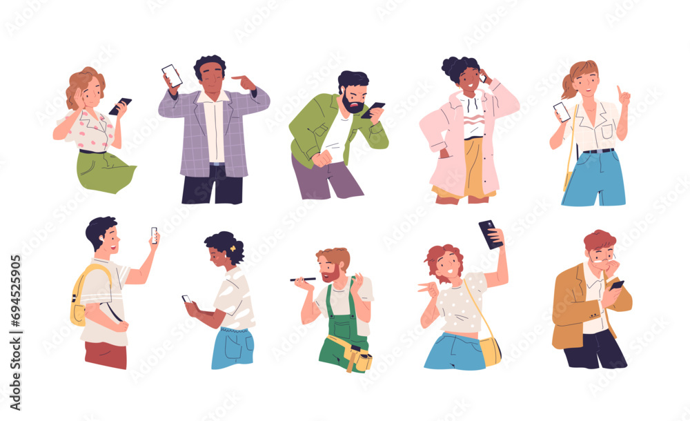 People smartphone emotions. Excited person writing on smartphone, characters phone sad happy expression, guy girl looking cellphone
