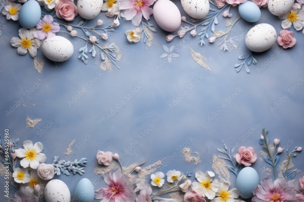 Natural colorant painted eggs on blue concrete table with floral elements, happy Easter celebration, top view, copy space
