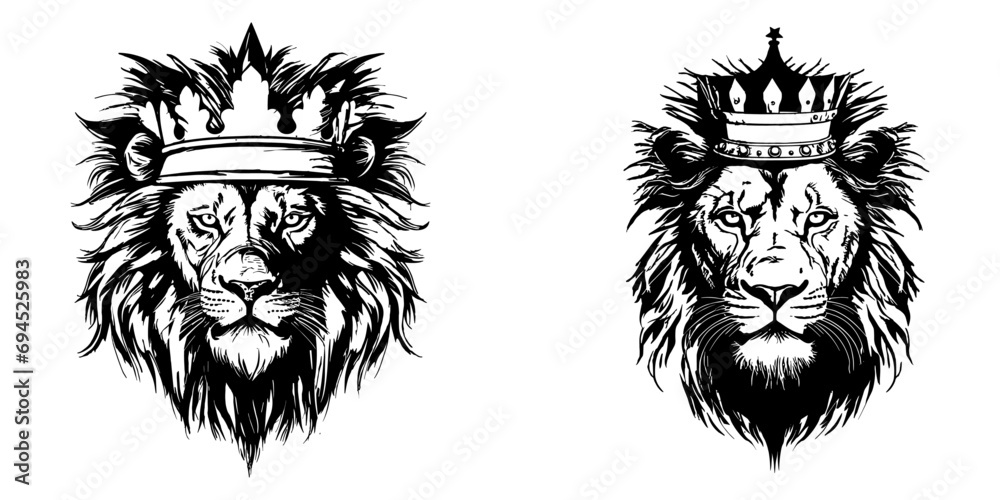 Obraz premium Lion head with crown, t-shirt design, vector illustration.