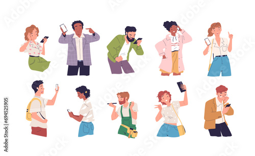 People smartphone emotions. Excited person writing on smartphone  characters phone sad happy expression  guy girl looking cellphone