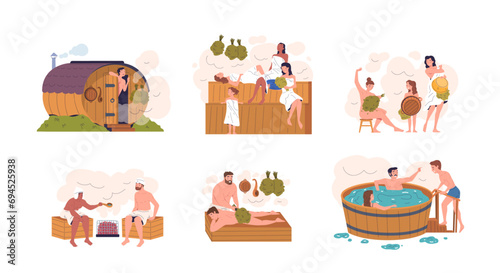 People spa sauna. Women and guys relaxation hot wooden tubs wellness bath procedures, sweat woman man in towels finnish banya