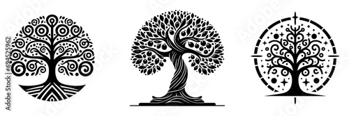 Tree set, organic nature symbols. botanic plant nature symbols, mystical tree branch with leaves, vector illustration. photo