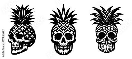 Pineapple skull set., tee shirt graphics, poster, card, banner, sign, vector illustration.