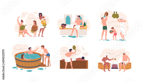 People in banya. Women and man relaxation in public sauna or steam hammam, wellness winter spa procedures in heat water wooden bath with herbs body relax classy vector illustration
