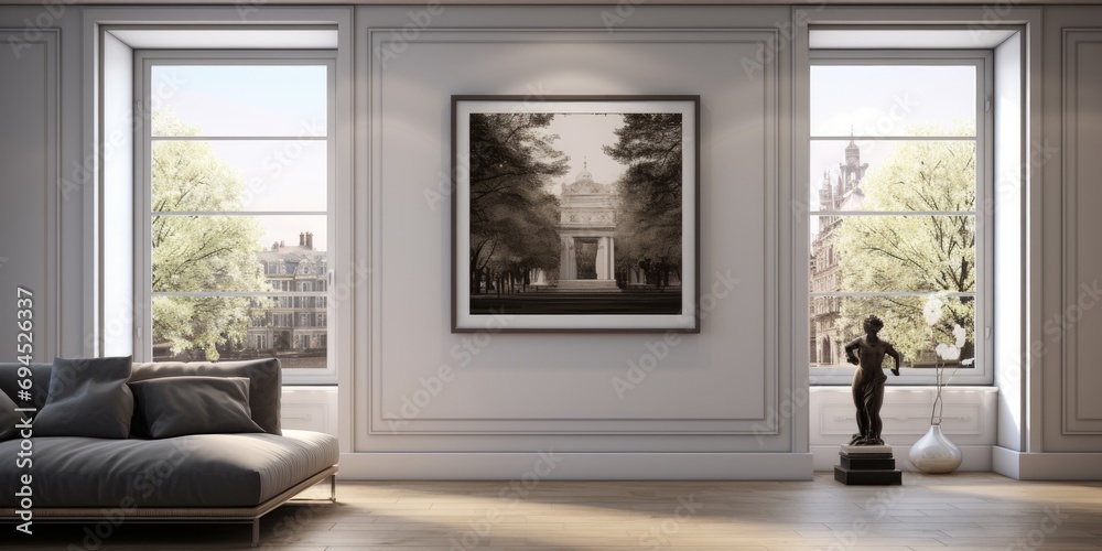 Fototapeta premium Spacious interior with large window, adorned with a prominent picture on wall.