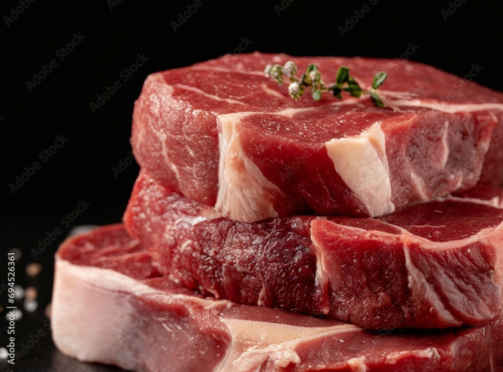 Raw beef steaks isolated on black background, closeup Raw beef steaks isolated on black background, closeup