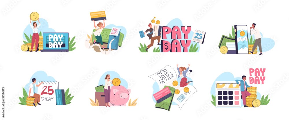People payday. Paycheck happy event or salary payout concept, employee payroll budgeting payment date on calendar debt repayment payer with money pay tax classy vector illustration People payday. Paycheck happy event or salary payout concept, employee payroll budgeting payment date on calendar debt repayment payer with money pay tax classy vector illustration