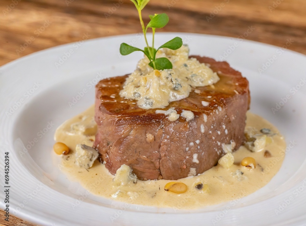 Grilled beef steak with sauce, gourmet dish, closeup, isolated on wooden table at restaurant. Grilled beef steak with sauce, gourmet dish, closeup, isolated on wooden table at restaurant.