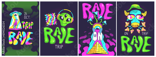 Acid party. Techno music psychedelic drug trip free flyer, crazy abstract art trendy design trippy stickers colorful poster contemporary style, cartoon classy vector illustration